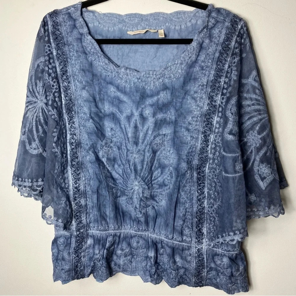 Soft Surroundings Lace Crochet Butterfly Top Blue‎ Large